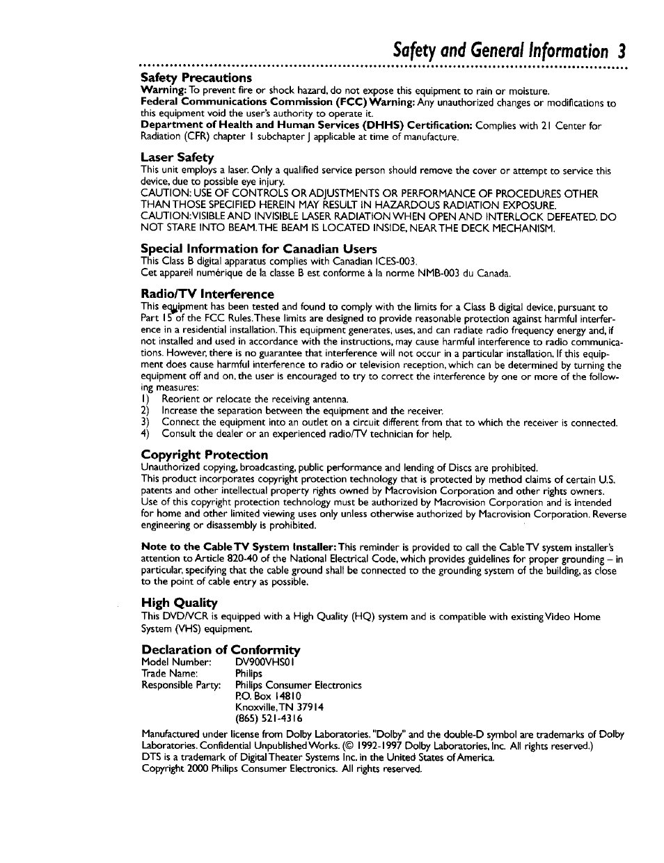 Safety and general information 3 | Philips DV900VHS0I User Manual | Page 3 / 84