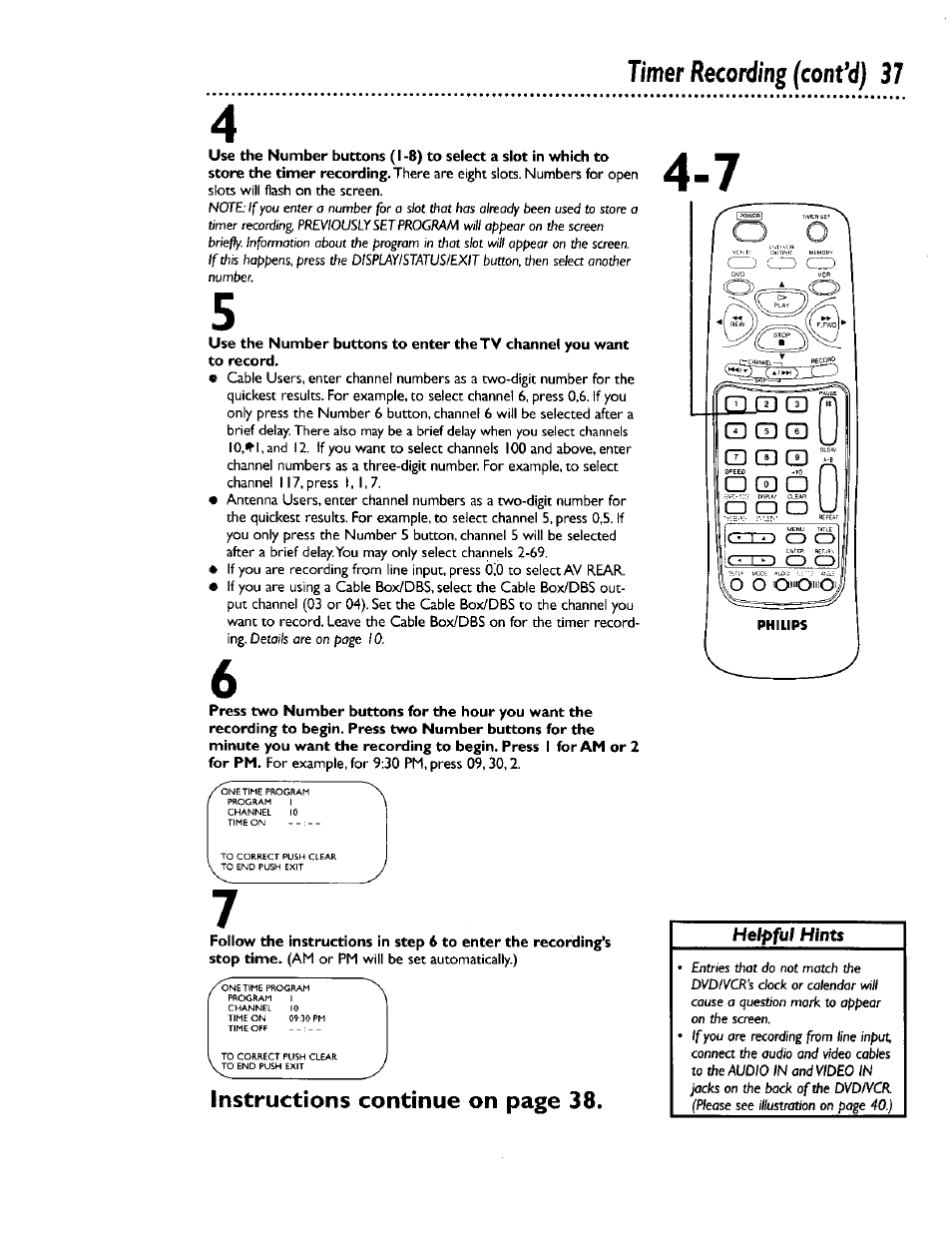 Instructions continue on page 38 | Philips DV900VHS0I User Manual | Page 37 / 84