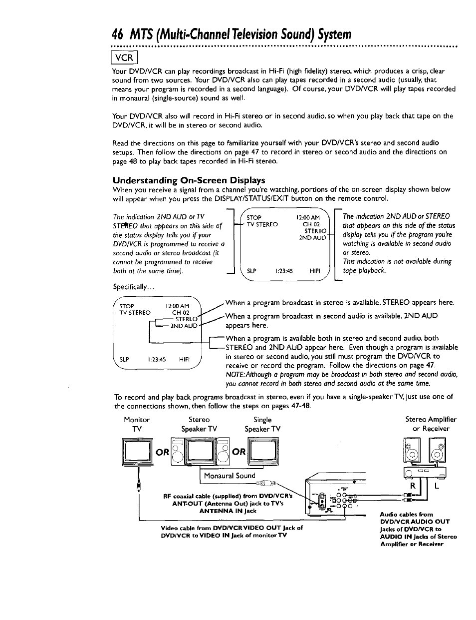 46 mts, Multhchannel television sound) system, 1_1 o ü | Understanding on-screen displays | Philips DV900VHS0I User Manual | Page 46 / 84