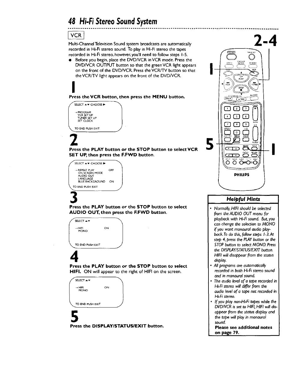 Press the vcr button, then press the menu button, Press the play button or the stop button to select, 48 hi-fi stereo sound system | Philips DV900VHS0I User Manual | Page 48 / 84