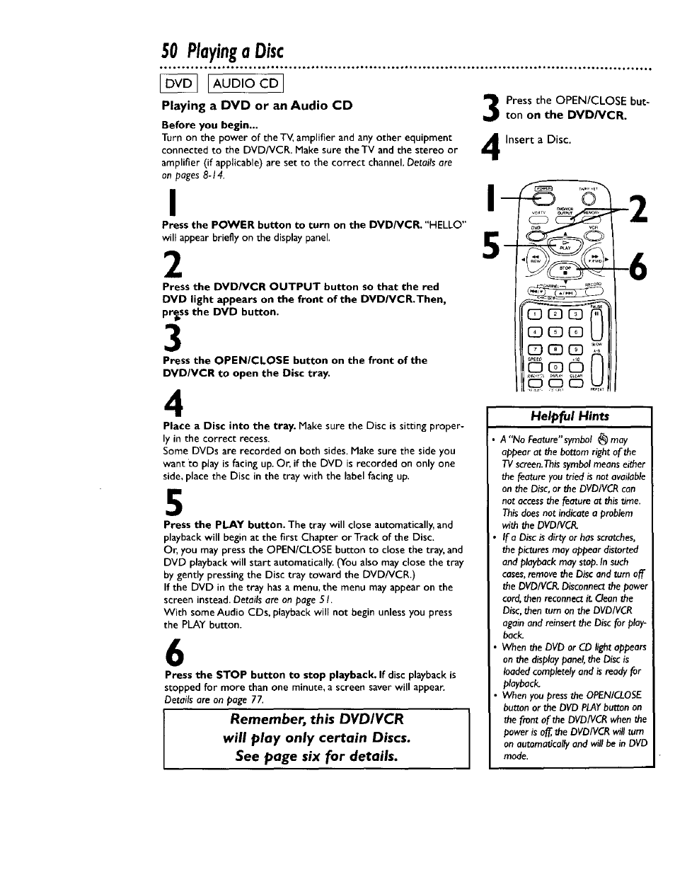 Before you begin, Playing a disc | Philips DV900VHS0I User Manual | Page 50 / 84