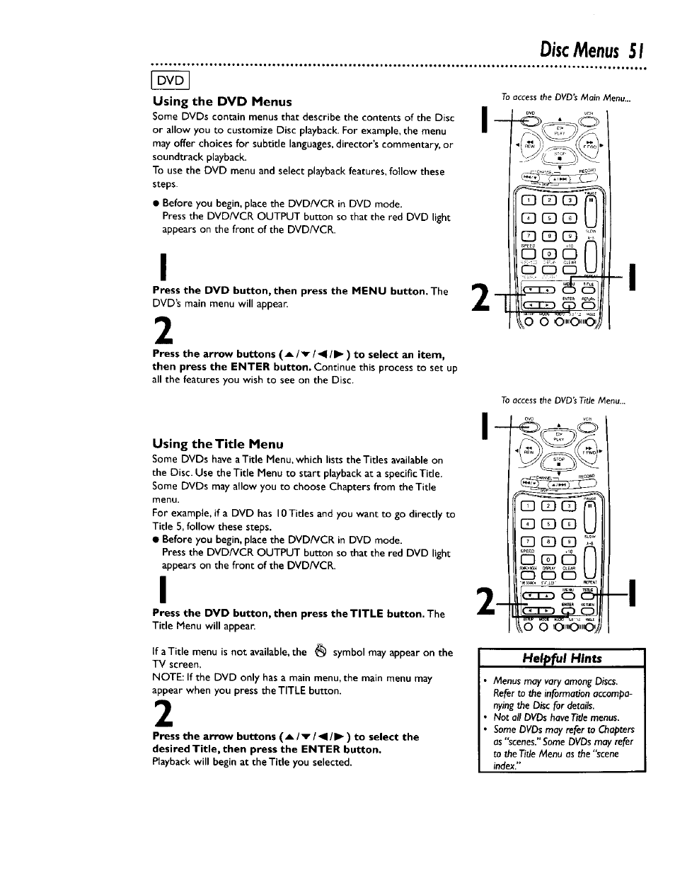 Press the arrow buttons to select an item, D/sc menus | Philips DV900VHS0I User Manual | Page 51 / 84