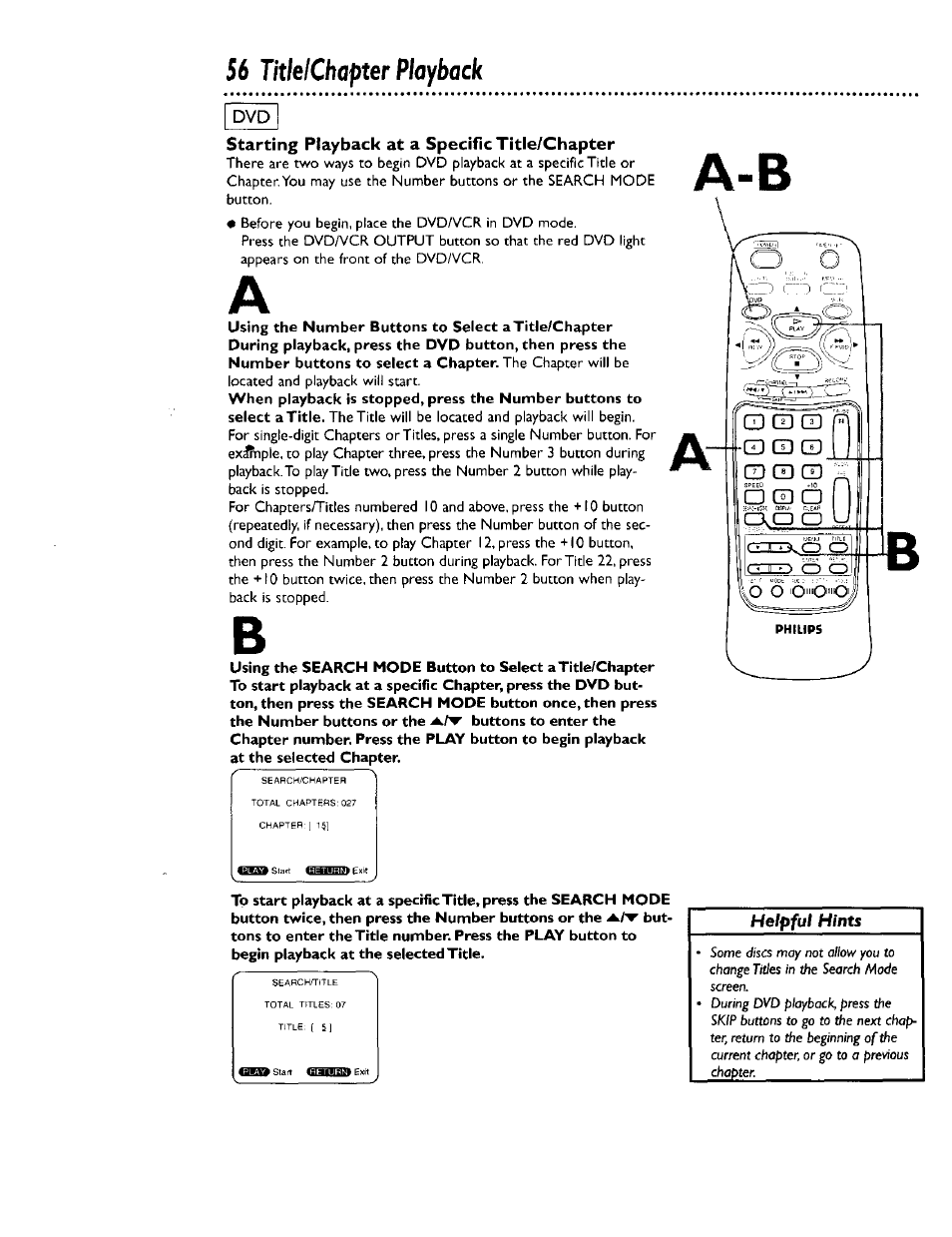 Titlelchapter playback | Philips DV900VHS0I User Manual | Page 56 / 84