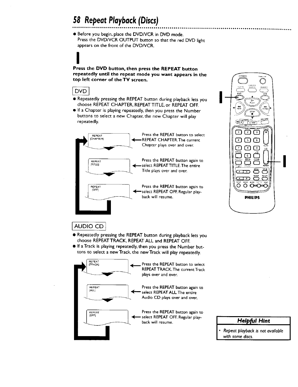 58 repeat playback (discs) | Philips DV900VHS0I User Manual | Page 58 / 84