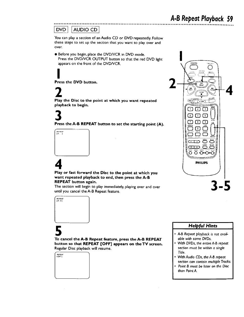 Press the dvd button, A-b repeat playback | Philips DV900VHS0I User Manual | Page 59 / 84