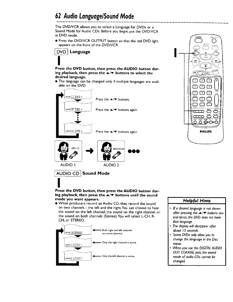 Audio languagelsound mode | Philips DV900VHS0I User Manual | Page 62 / 84