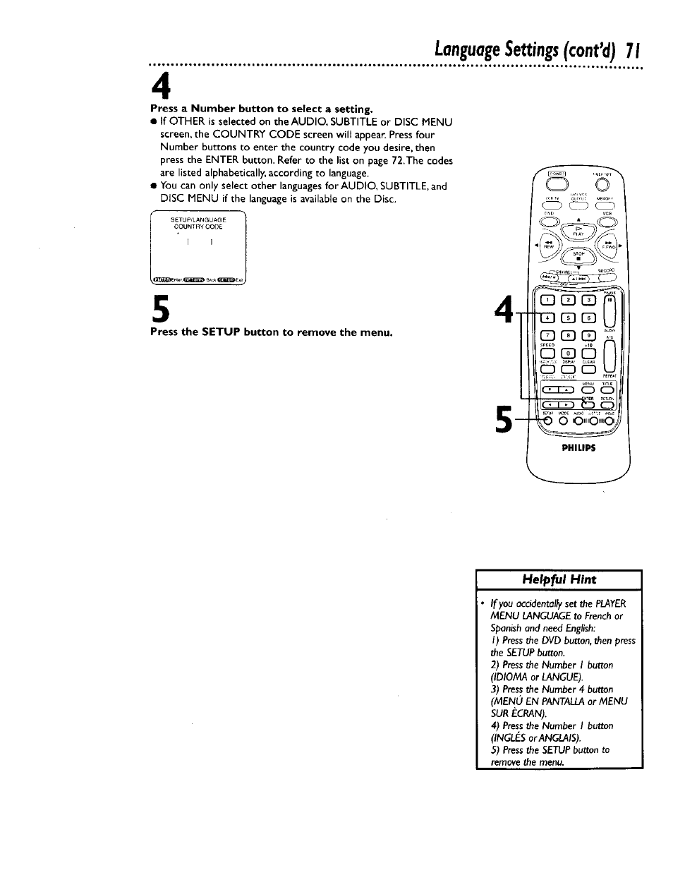 Press a number button to select a setting, Language settings (cont'd) 71 | Philips DV900VHS0I User Manual | Page 71 / 84