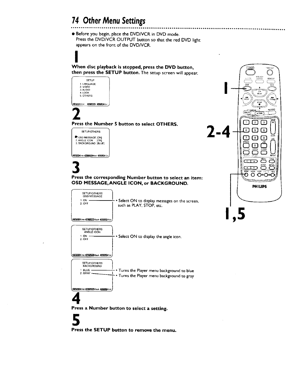 Press the number 5 button to select others, 74 other alenu settings | Philips DV900VHS0I User Manual | Page 74 / 84