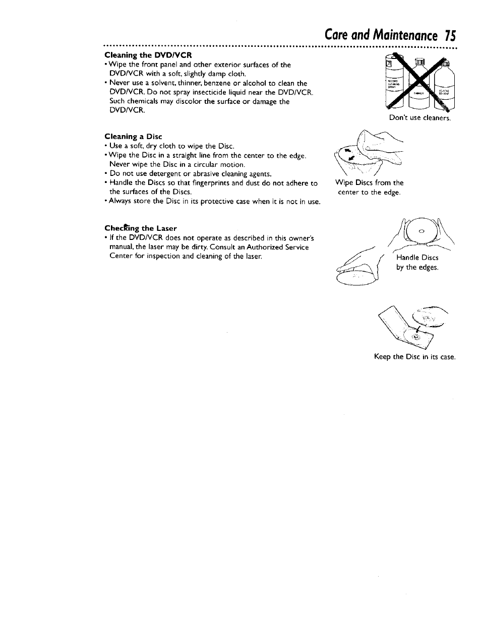 Cleaning the dvd/vcr, Cleaning a disc, Checlnng the laser | Care and maintenance 75 | Philips DV900VHS0I User Manual | Page 75 / 84