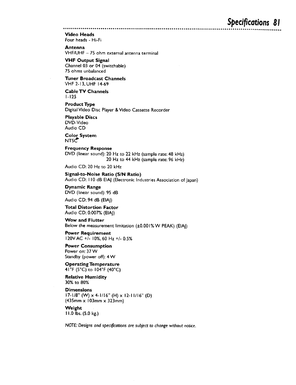 Video heads, Antenna, Tuner broadcast channels | Cable tv channels, Wow and flutter, Dimensions, Specifications 81 | Philips DV900VHS0I User Manual | Page 81 / 84