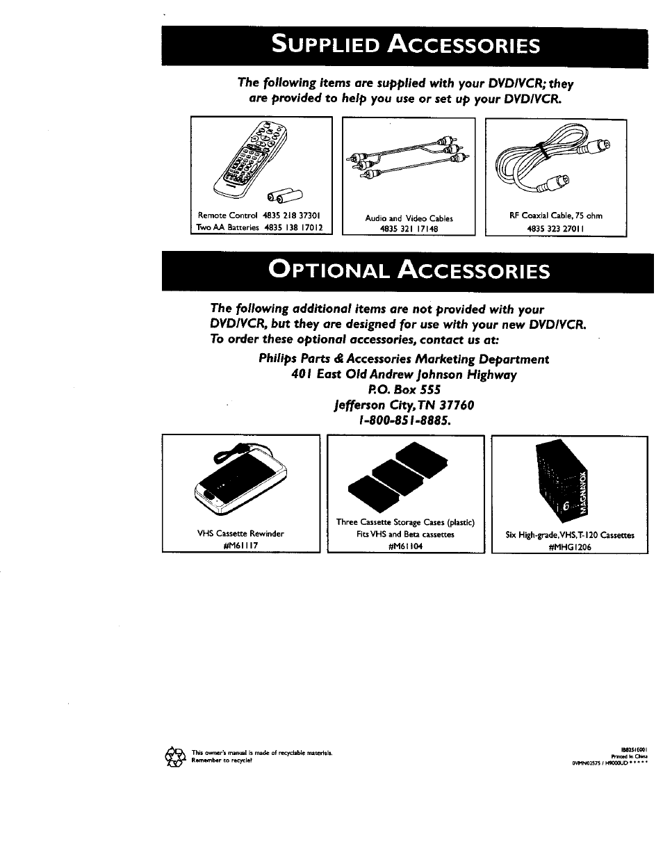 Upplied, Ccessories, Ptional | Philips DV900VHS0I User Manual | Page 84 / 84