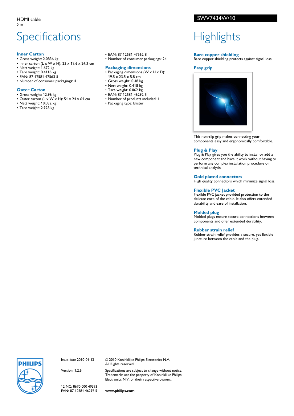 Specifications, Highlights | Philips SWV7434W User Manual | Page 2 / 2