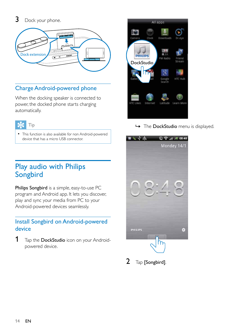 Charge android-powered phone, Play audio with philips songbird, Install songbird on android-powered device | Charge android-powered phone 14, Install songbird on android, Powered device | Philips AS351 User Manual | Page 15 / 26
