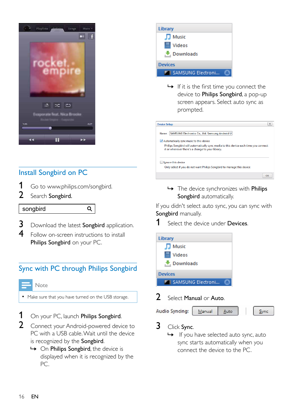 Install songbird on pc, Sync with pc through philips songbird, Sync with pc through philips | Songbird | Philips AS351 User Manual | Page 17 / 26