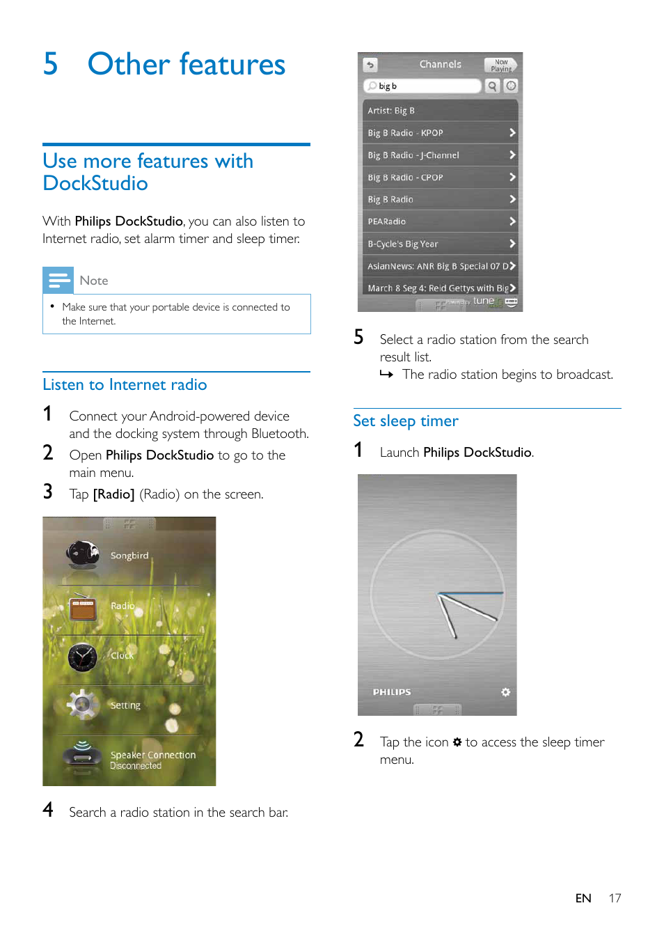 5 other features, Use more features with dockstudio, Listen to internet radio | Set sleep timer, Use more features with dockstudio 17 | Philips AS351 User Manual | Page 18 / 26