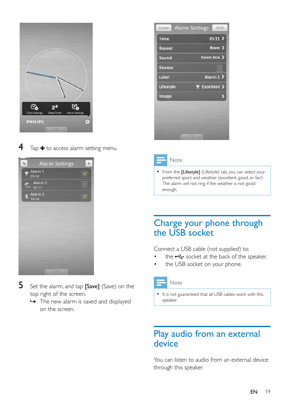 Charge your phone through the usb socket, Play audio from an external device, Charge your phone through the usb | Socket | Philips AS351 User Manual | Page 20 / 26