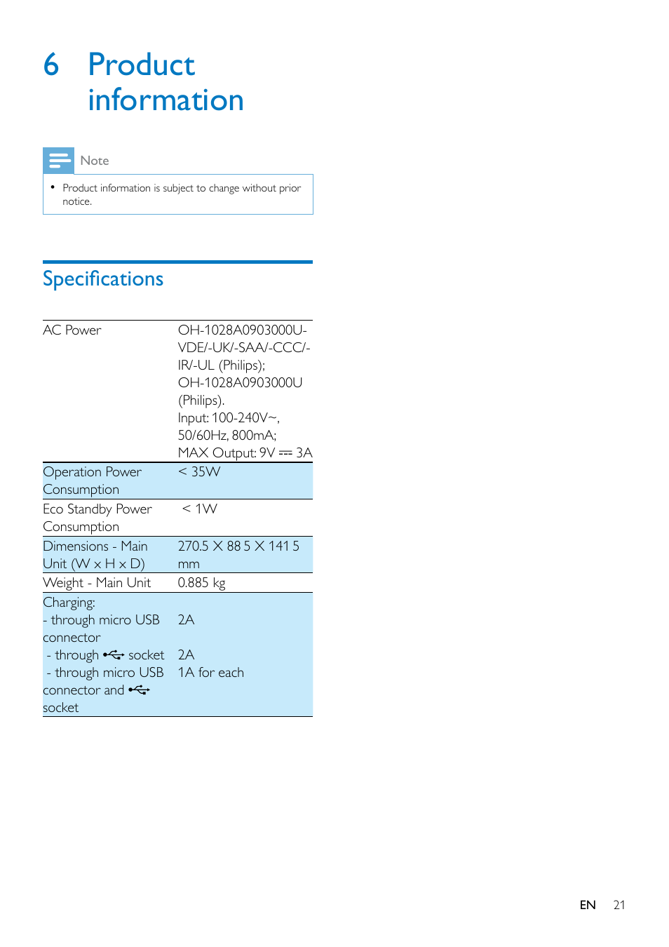6 product information, Specifications | Philips AS351 User Manual | Page 22 / 26
