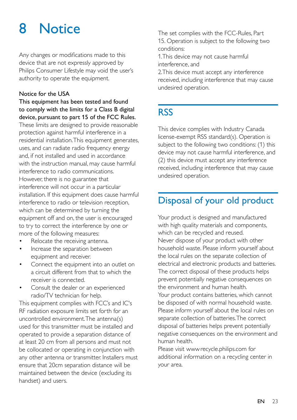 8 notice, Disposal of your old product | Philips AS351 User Manual | Page 24 / 26