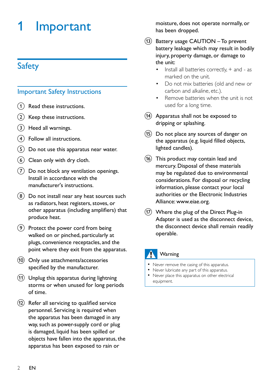 1 important, Safety, Important safety instructions | Philips AS351 User Manual | Page 3 / 26