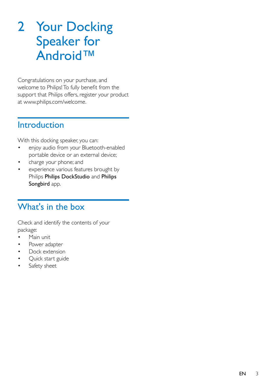 2 your docking speaker for android, Introduction, What's in the box | 2 your docking speaker for, Android | Philips AS351 User Manual | Page 4 / 26