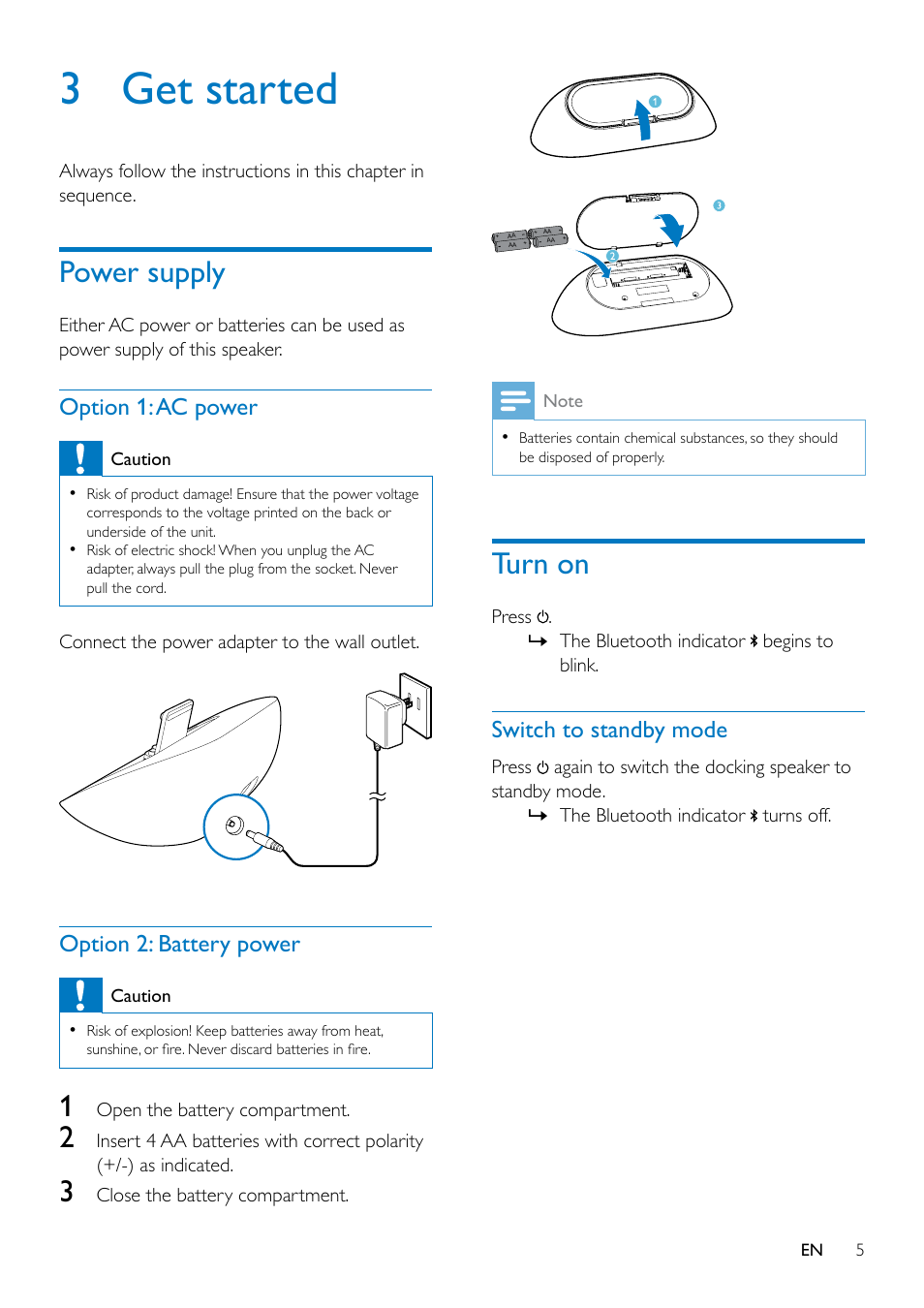 3 get started, Power supply, Option 1: ac power | Option 2: battery power, Turn on, Switch to standby mode | Philips AS351 User Manual | Page 6 / 26