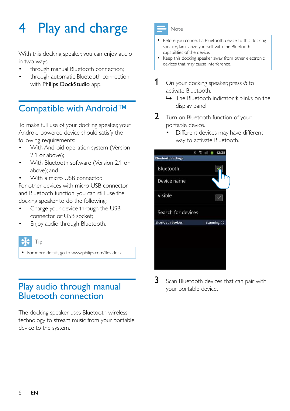 4 play and charge, Compatible with android, Play audio through manual bluetooth connection | Play audio through manual bluetooth, Connection | Philips AS351 User Manual | Page 7 / 26