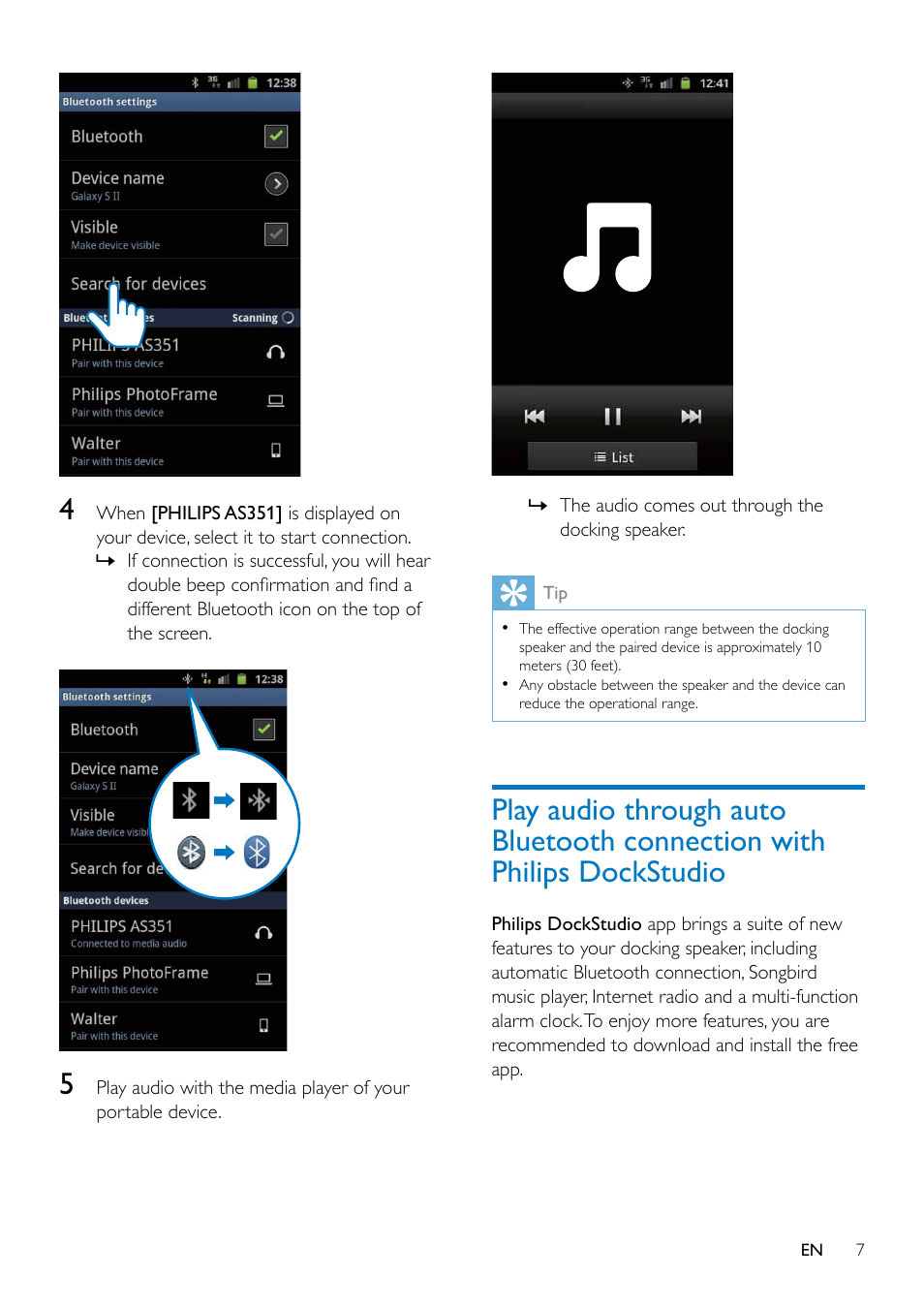 Play audio through auto bluetooth, Connection with philips dockstudio | Philips AS351 User Manual | Page 8 / 26