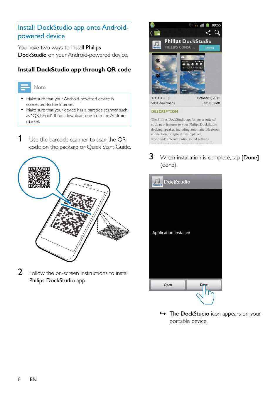 Install dockstudio app onto android-powered device, Install dockstudio app onto, Android-powered device | Philips AS351 User Manual | Page 9 / 26