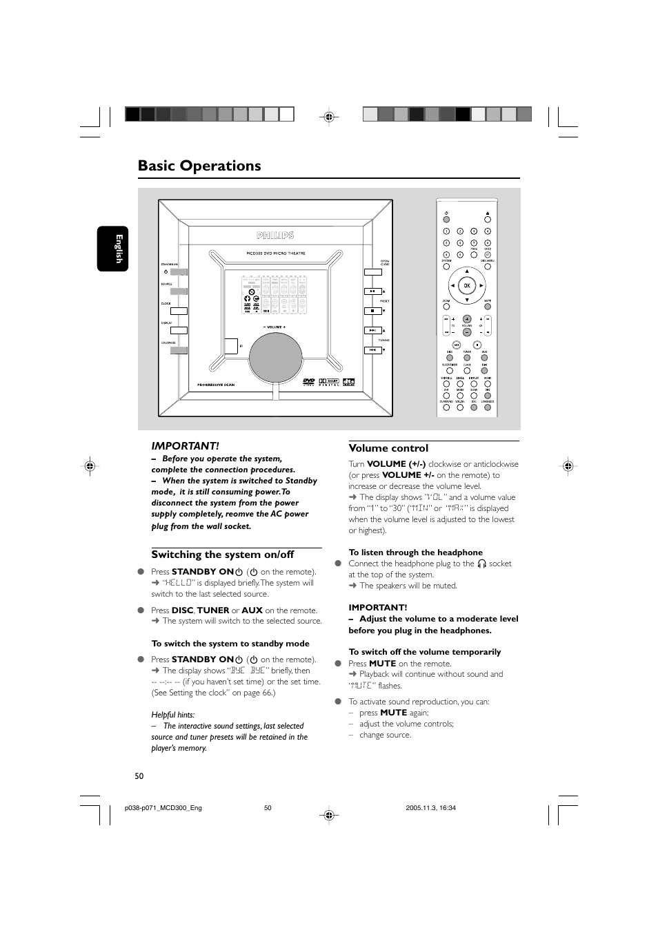 Basic operations, Important, Switching the system on/off | Volume control | Philips MCD300 User Manual | Page 16 / 37