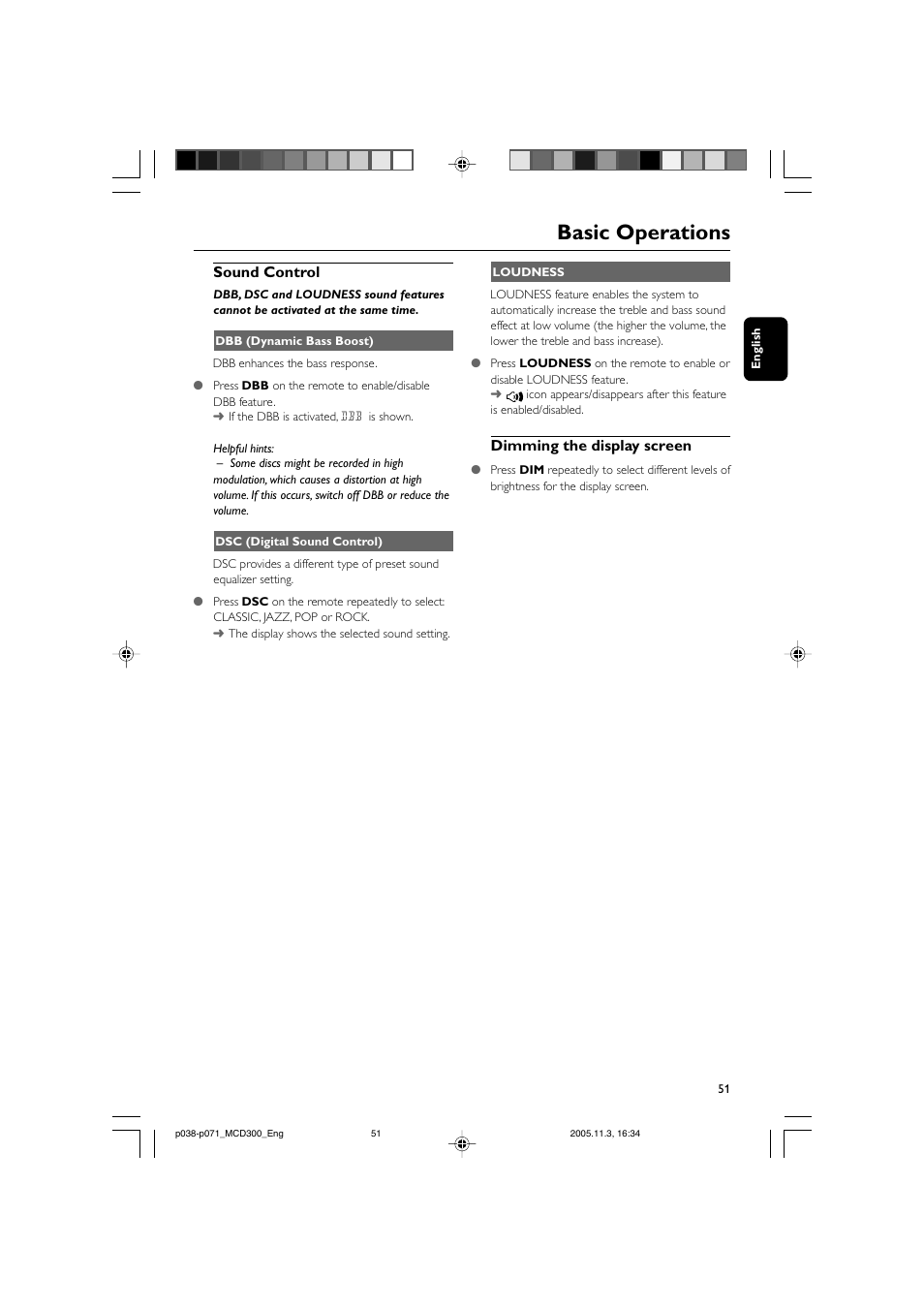 Basic operations, Sound control, Dimming the display screen | Philips MCD300 User Manual | Page 17 / 37