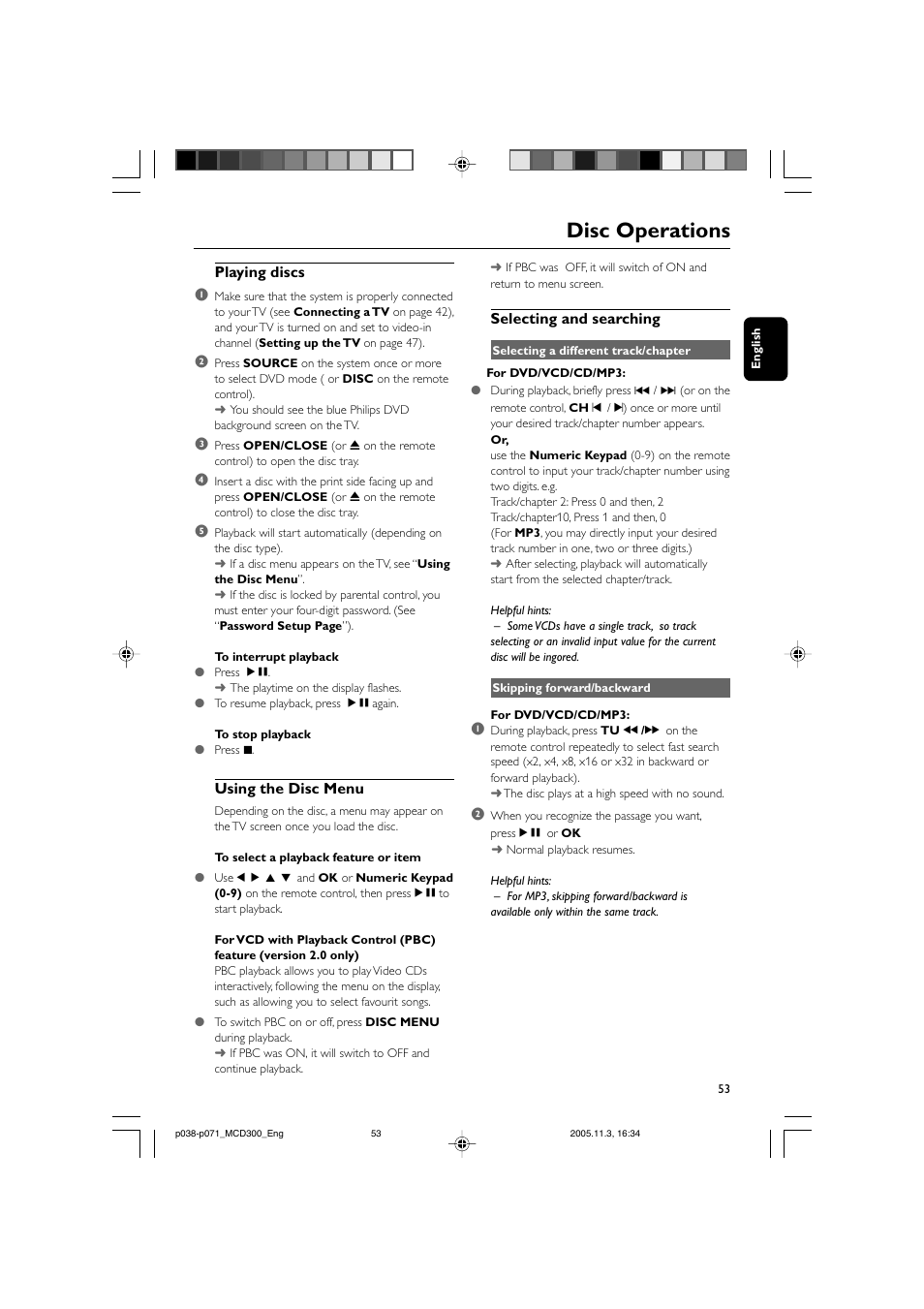 Disc operations, Playing discs 1, Using the disc menu | Selecting and searching | Philips MCD300 User Manual | Page 19 / 37