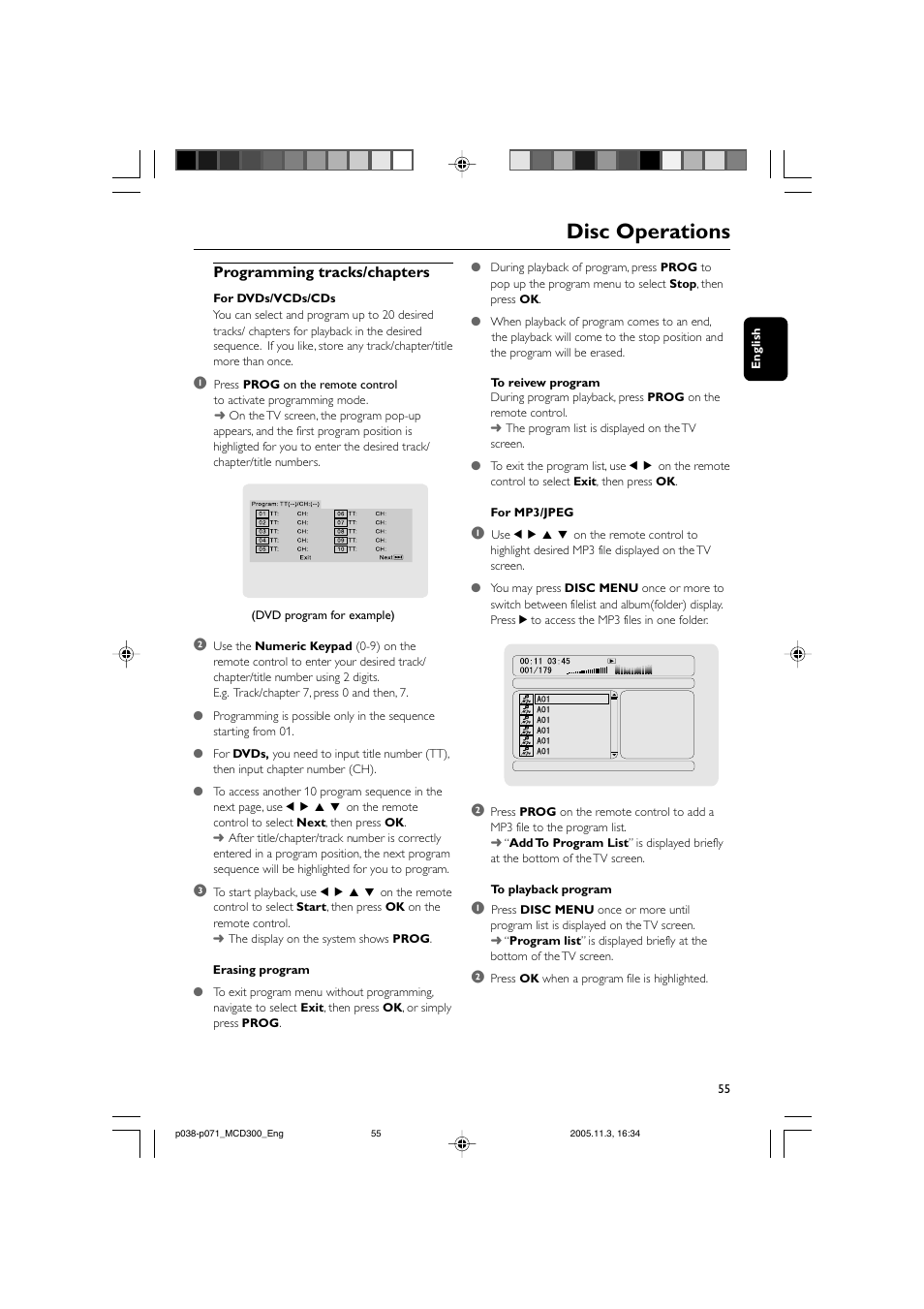 Disc operations, Programming tracks/chapters | Philips MCD300 User Manual | Page 21 / 37