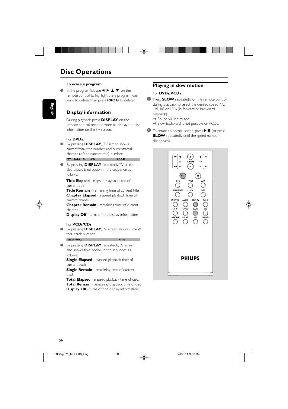 Disc operations, Display information, Playing in slow motion | Philips MCD300 User Manual | Page 22 / 37