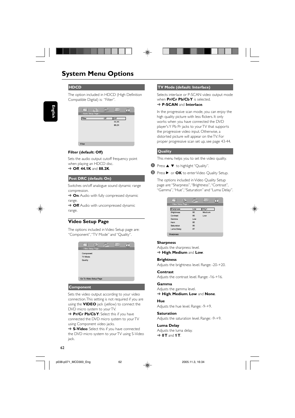 System menu options, Video setup page | Philips MCD300 User Manual | Page 28 / 37