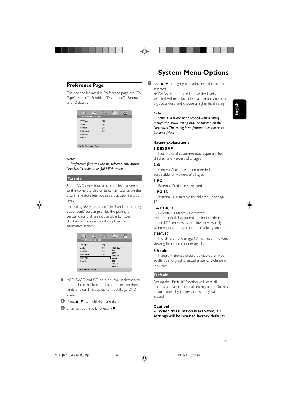 System menu options, Preference page | Philips MCD300 User Manual | Page 29 / 37