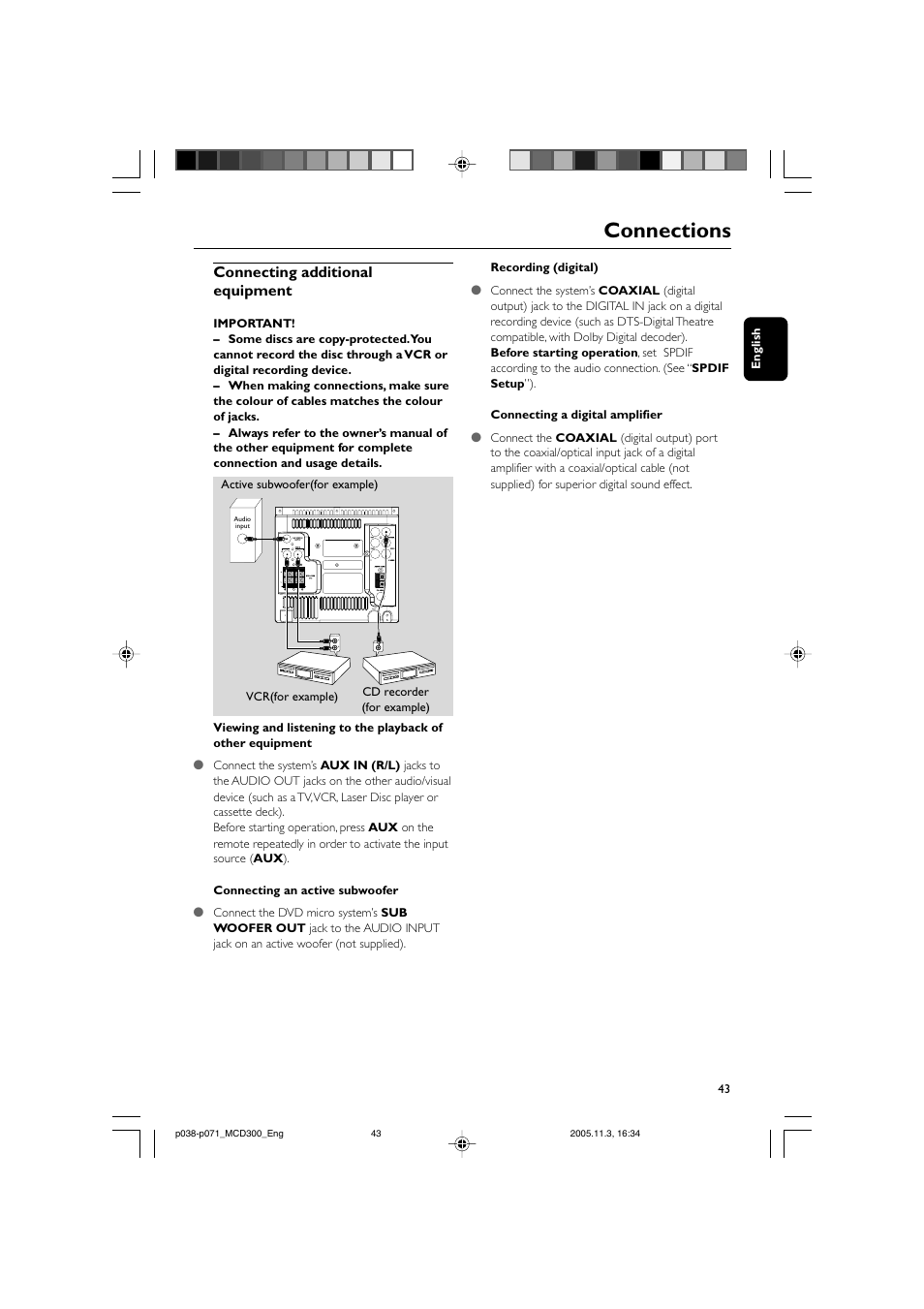 Connections, Connecting additional equipment | Philips MCD300 User Manual | Page 9 / 37