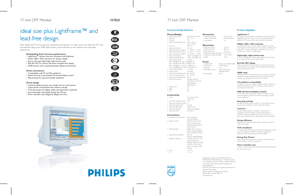 Ideal size plus lightframe™ and lead-free design, 17 inch crt monitor, Outstanding front of screen performance | Great convenience, Green design, Picture/display, Connectivity, Convenience, Accessories, Dimensions | Philips 107B50 User Manual | Page 2 / 2