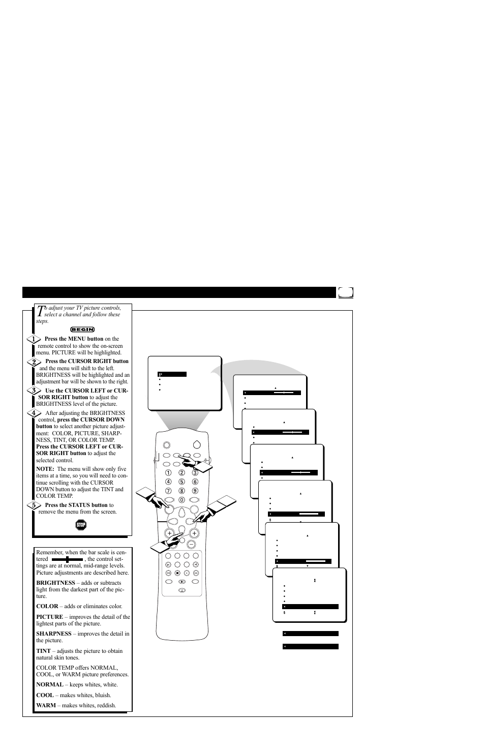 Djusting the, Icture | Philips TV/DVD User Manual | Page 7 / 64