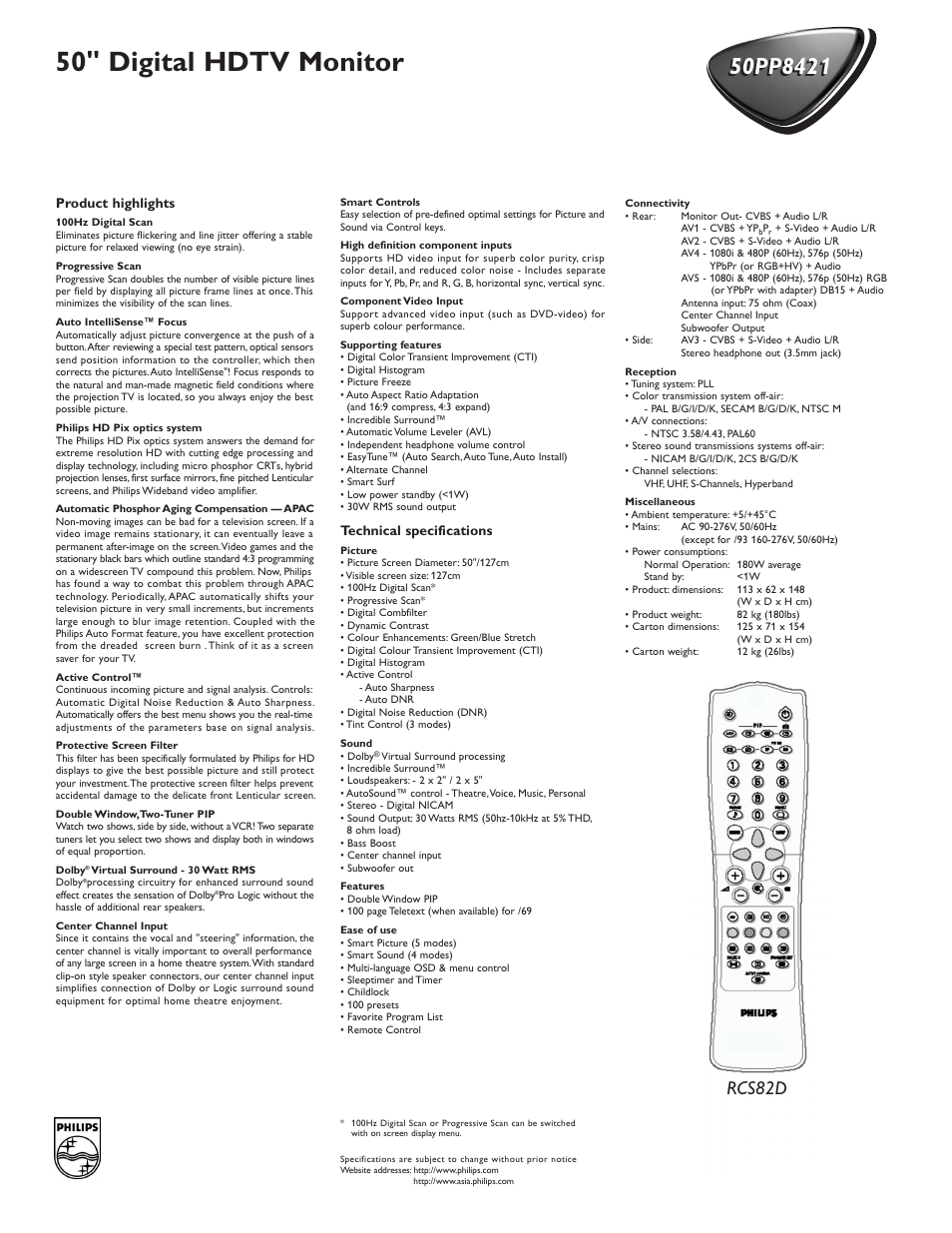 50" digital hdtv monitor, Rcs82d, Product highlights | Technical specifications | Philips 50PP8421 User Manual | Page 2 / 2