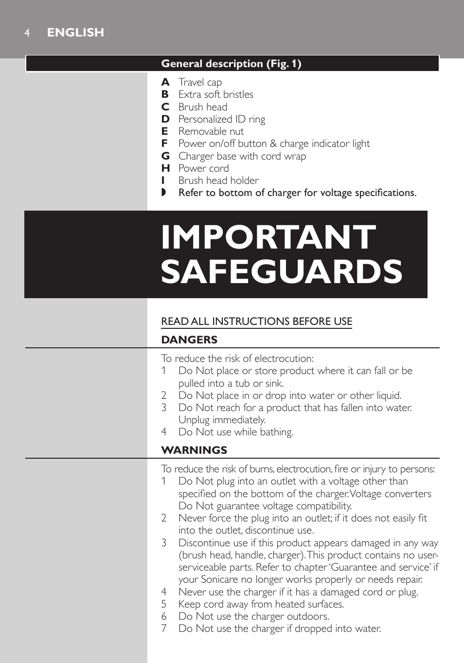 English, Important safeguards | Philips Essence e5000 User Manual | Page 4 / 20