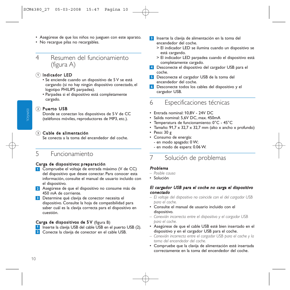 4resumen del funcionamiento (figura a), 5funcionamiento, 6especificaciones técnicas | 7solución de problemas | Philips SCM4327 User Manual | Page 10 / 12