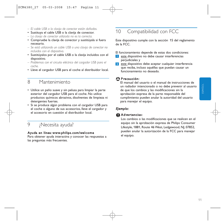 8mantenimiento, 9¿necesita ayuda, 10 compatibilidad con fcc | Philips SCM4327 User Manual | Page 11 / 12