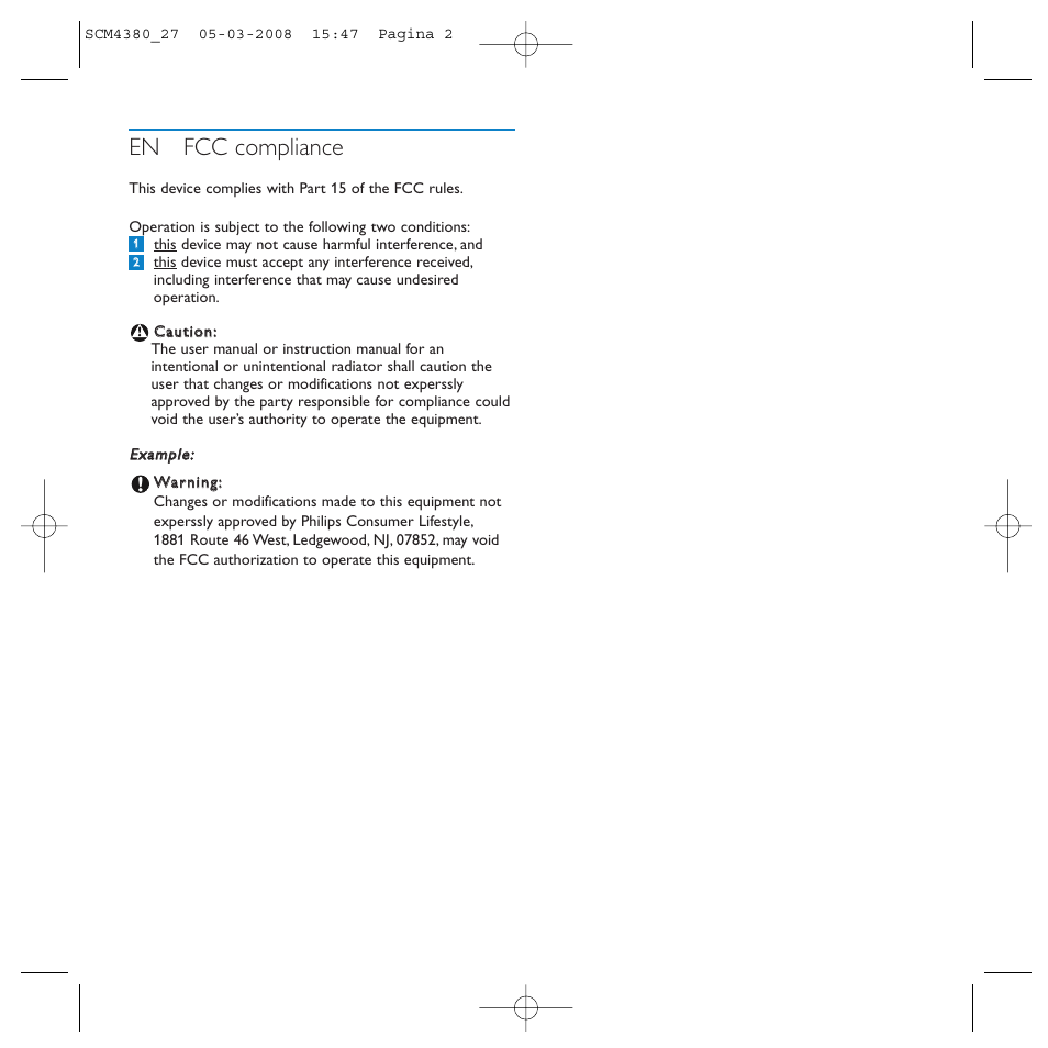 En fcc compliance | Philips SCM4327 User Manual | Page 2 / 12