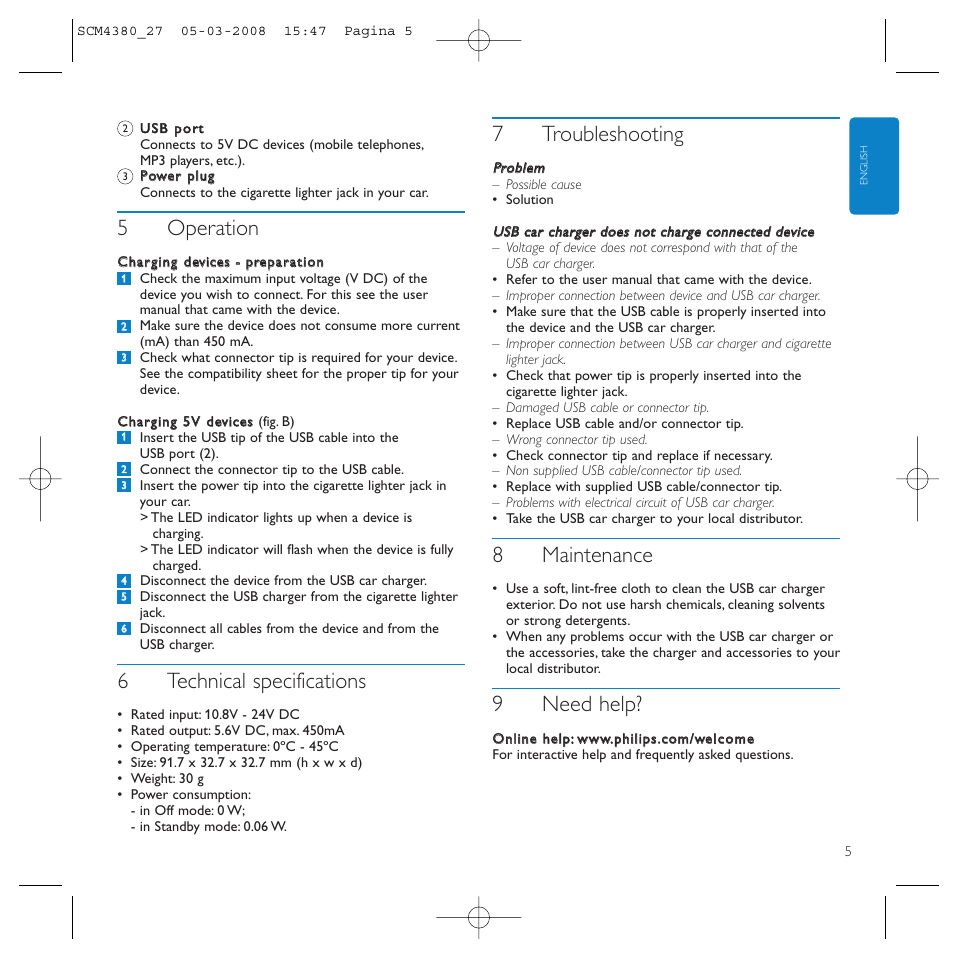 5operation, 6technical specifications, 7troubleshooting | 8maintenance, 9need help | Philips SCM4327 User Manual | Page 5 / 12