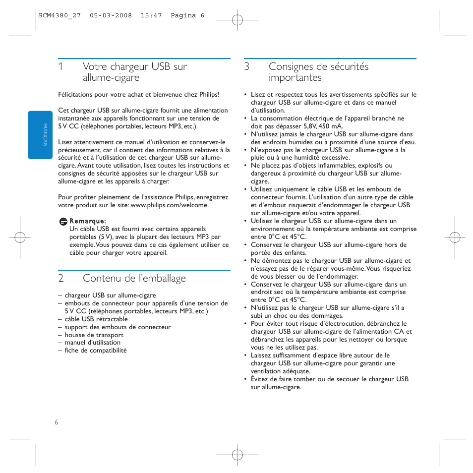 1votre chargeur usb sur allume-cigare, 2contenu de l’emballage, 3consignes de sécurités importantes | Philips SCM4327 User Manual | Page 6 / 12