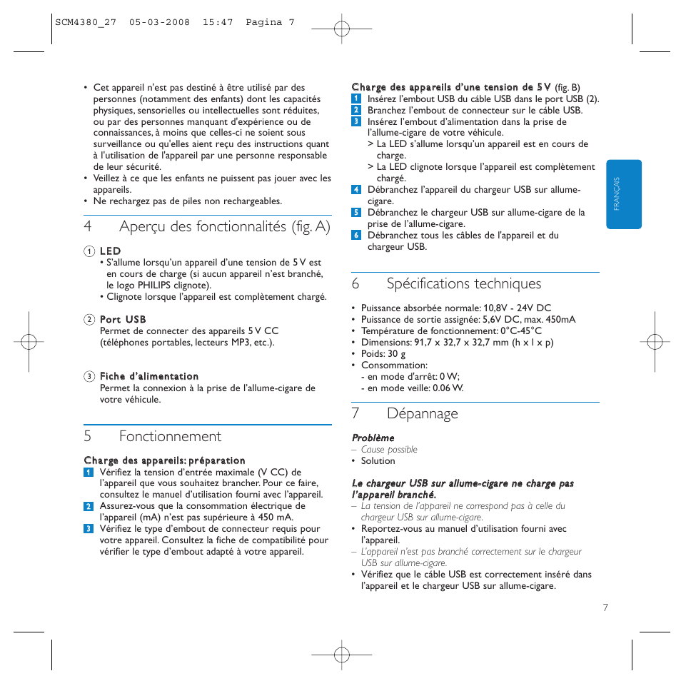 4aperçu des fonctionnalités (fig. a), 5fonctionnement, 6spécifications techniques | 7dépannage | Philips SCM4327 User Manual | Page 7 / 12