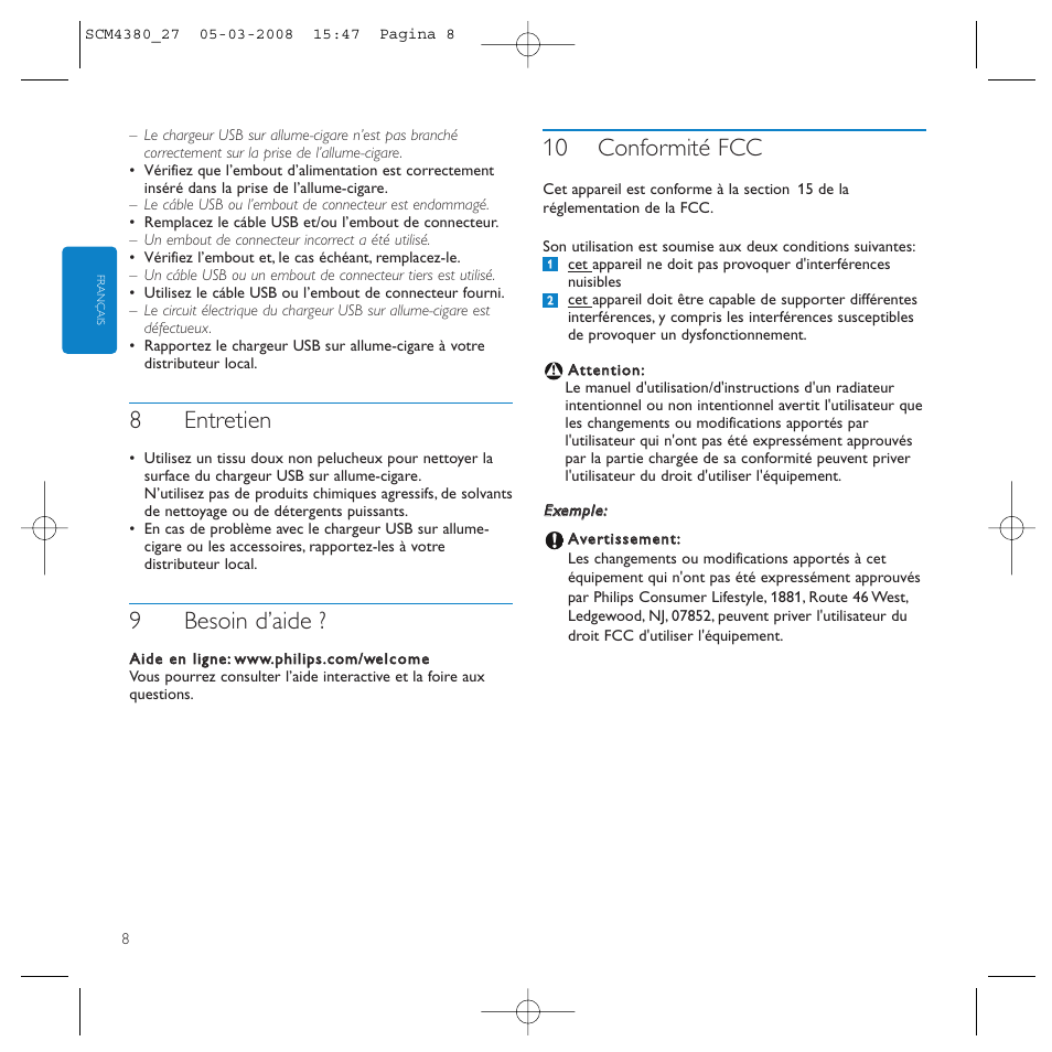 8entretien, 9besoin d’aide, 10 conformité fcc | Philips SCM4327 User Manual | Page 8 / 12