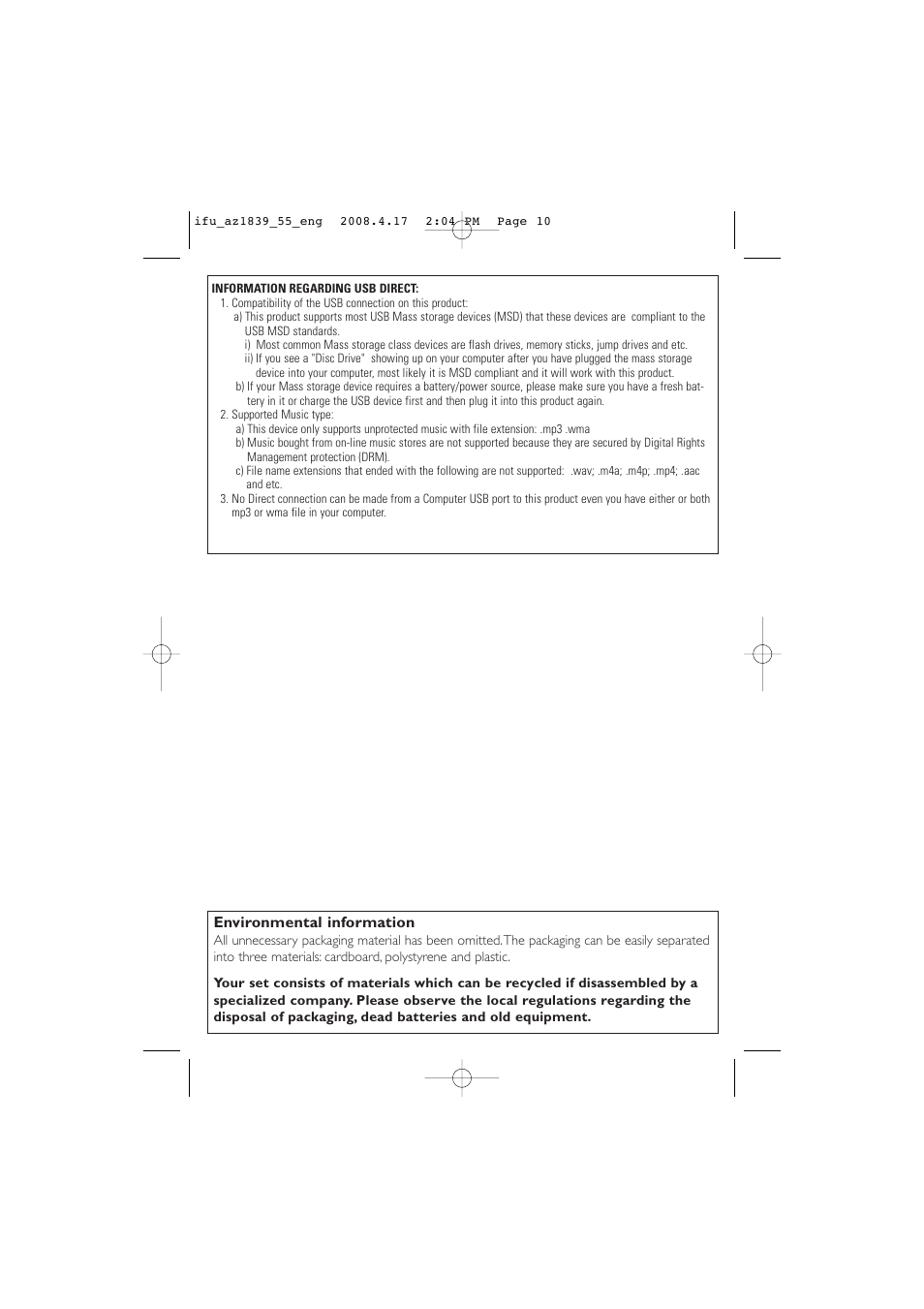 Environmental information | Philips CD SOUNDMACHINE AZ1839 User Manual | Page 10 / 14