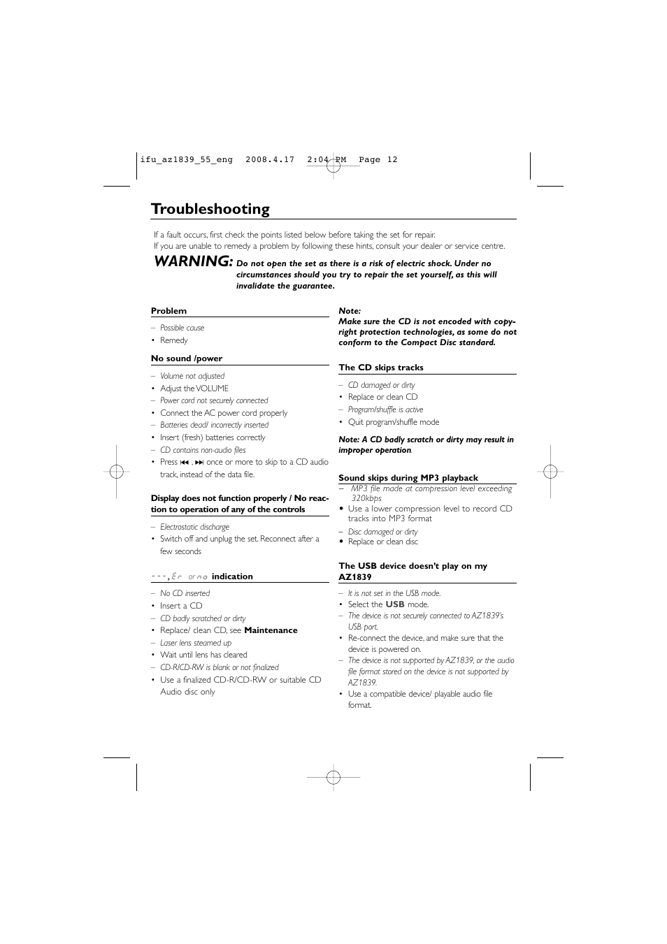 Troubleshooting, Warning | Philips CD SOUNDMACHINE AZ1839 User Manual | Page 12 / 14