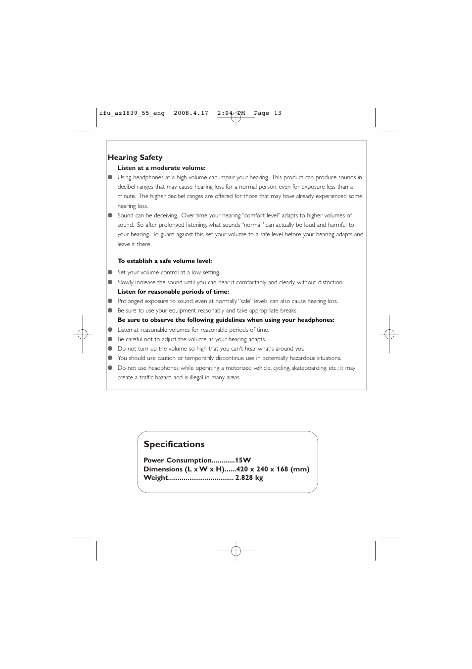 Specifications, Hearing safety | Philips CD SOUNDMACHINE AZ1839 User Manual | Page 13 / 14